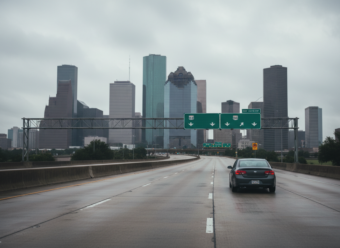 Photorealistic wide hero banner: overcast Houston, Texas freeway with wet concrete lanes and subtle reflections, a single dark charcoal mid-size sedan driving in the right lane, recognizable Houston skyline with high-rises but no palm trees, green Texas freeway signs overhead, no text elements in the image, slightly shallow depth of field so the car is crisp and background gently blurred, oriented for web hero background, neutral grays and muted greens so white or light text is highly readable.